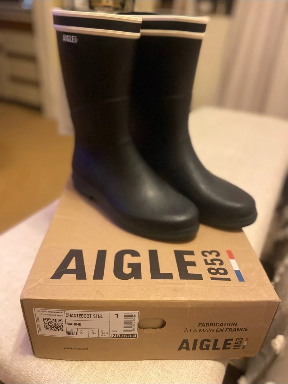 Aigle Black Rain Boots with Cream Trim